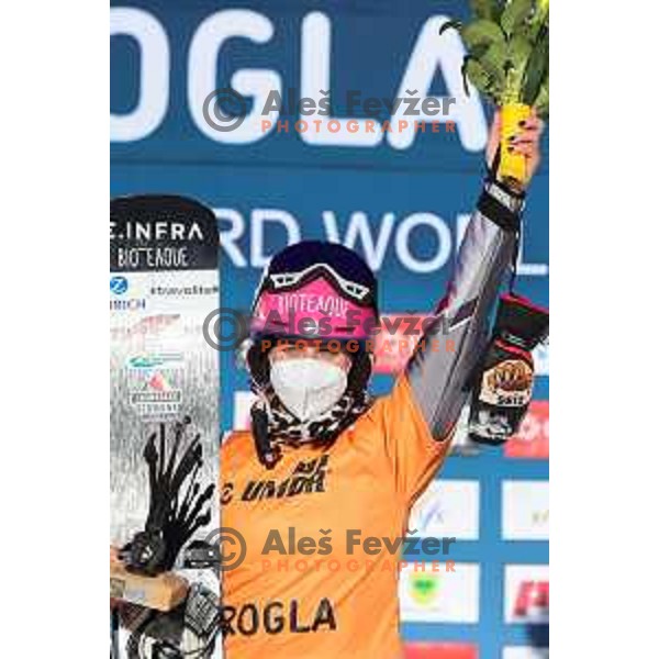 Ramona T. Hofmeister, winner of FIS Snowboard World Cup Parallel Giant Slalom Ladies at Rogla Ski resort, Slovenia on March 6, 2021