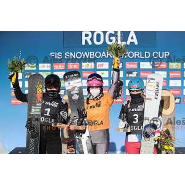 Ramona T. Hofmeister, winner of FIS Snowboard World Cup Parallel Giant Slalom Ladies at Rogla Ski resort, Slovenia on March 6, 2021