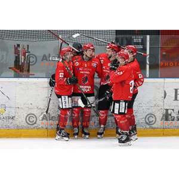 Nik Sirovnik, Zan Jezovsek in action during Alps league ice-hockey match between Acroni Jesenice and SZ Olimpija in Jesenice, Slovenia on March 9, 2021