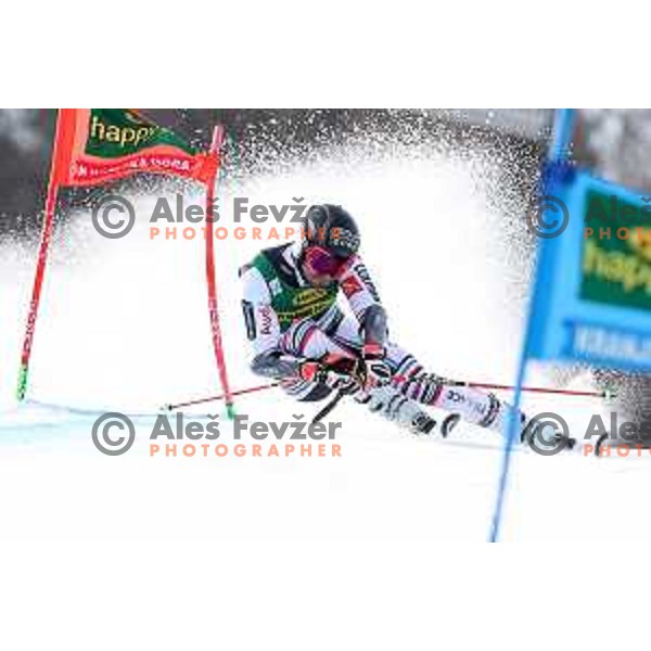 Mathieu Faivre racing in the first run of AUDI FIS World Cup Giant Slalom for Vitranc Cup in Kranjska gora, Slovenia on March 13, 2021