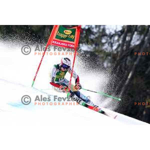 Henrik Kristoffersen racing in the first run of AUDI FIS World Cup Giant Slalom for Vitranc Cup in Kranjska gora, Slovenia on March 13, 2021