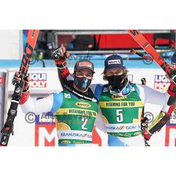 Loic Meillard, Marco Odermatt at podium of AUDI FIS World Cup Giant Slalom for Vitranc Cup in Kranjska gora, Slovenia on March 13, 2021