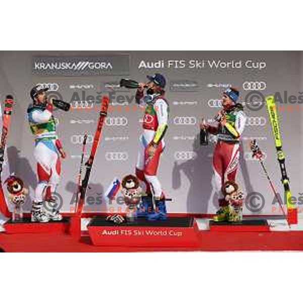 Loic Meillard, Marco Odermatt and Stefan Brennsteiner at podium of AUDI FIS World Cup Giant Slalom for Vitranc Cup in Kranjska gora, Slovenia on March 13, 2021