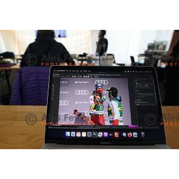 Photographers and journalists working in press centre of AUDI FIS World Cup Giant Slalom for Vitranc Cup in Kranjska gora, Slovenia on March 13, 2021