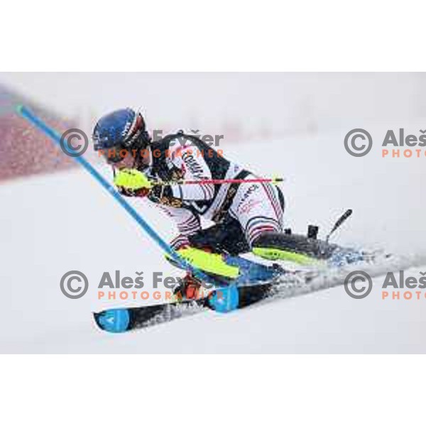 Clement Noel skiing in the first run of AUDI FIS World Cup Slalom for 60.Vitranc Cup in Kranjska gora, Slovenia on March 14, 2021