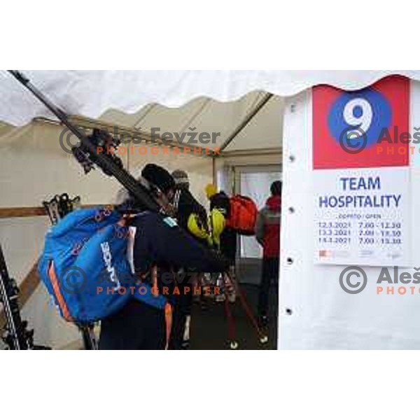 During course inspection before first run of AUDI FIS World Cup Slalom for 60.Vitranc Cup in Kranjska gora, Slovenia on March 14, 2021