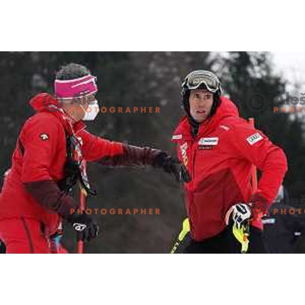 Ramon Zenhaeusern during course inspection before first run of AUDI FIS World Cup Slalom for 60.Vitranc Cup in Kranjska gora, Slovenia on March 14, 2021