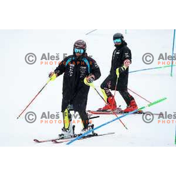During course inspection before first run of AUDI FIS World Cup Slalom for 60.Vitranc Cup in Kranjska gora, Slovenia on March 14, 2021