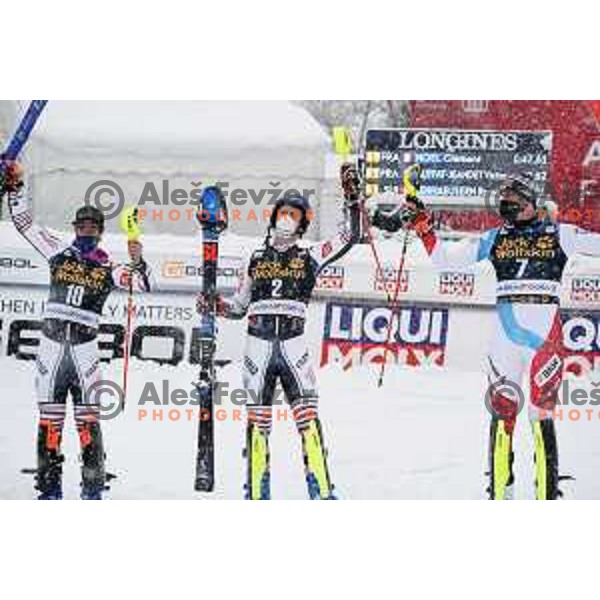 Victor Muffat-Jeandet, Clement Noel, winner of AUDI FIS World Cup Slalom for 60.Vitranc Cup in Kranjska gora and Ramon Zenhaeusern in Slovenia on March 14, 2021