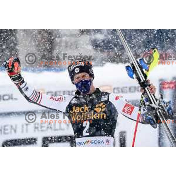 Clement Noel, winner of AUDI FIS World Cup Slalom for 60.Vitranc Cup in Kranjska gora, Slovenia on March 14, 2021