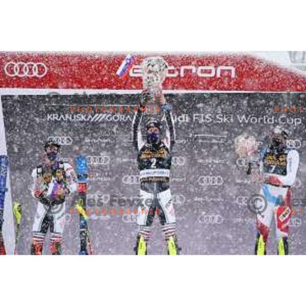 Victor Muffat-Jeandet, Clement Noel, winner of AUDI FIS World Cup Slalom for 60.Vitranc Cup in Kranjska gora and Ramon Zenhaeusern in Slovenia on March 14, 2021