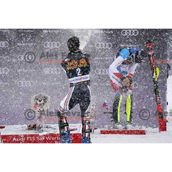 Clement Noel, winner of AUDI FIS World Cup Slalom for 60.Vitranc Cup in Kranjska gora and Ramon Zenhaeusern in Slovenia on March 14, 2021