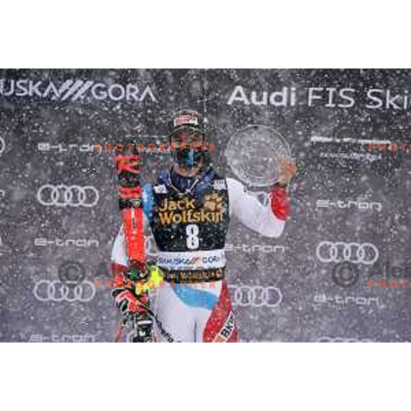 Loic Meillard, winner of 60.Vitranc Cup in Kranjska gora, Slovenia on March 14, 2021