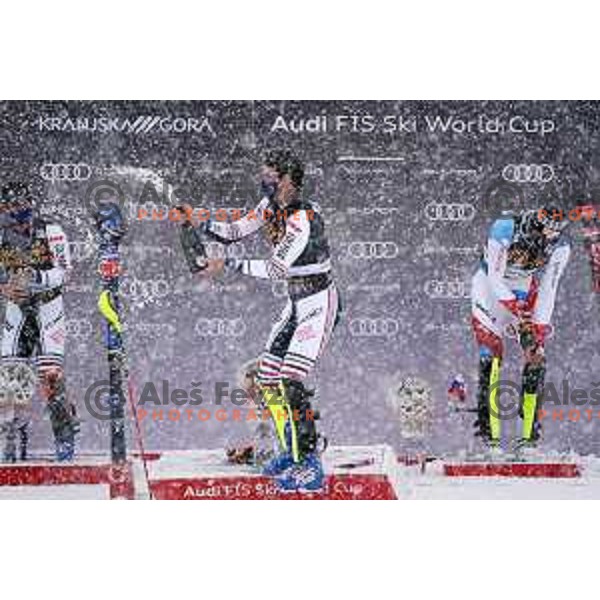 Victor Muffat-Jeandet, Clement Noel, winner of AUDI FIS World Cup Slalom for 60.Vitranc Cup in Kranjska gora and Ramon Zenhaeusern in Slovenia on March 14, 2021