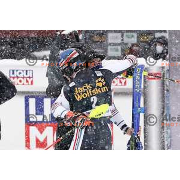 Victor Muffat-Jeandet and Clement Noel, winner of AUDI FIS World Cup Slalom for 60.Vitranc Cup in Kranjska gora, Slovenia on March 14, 2021