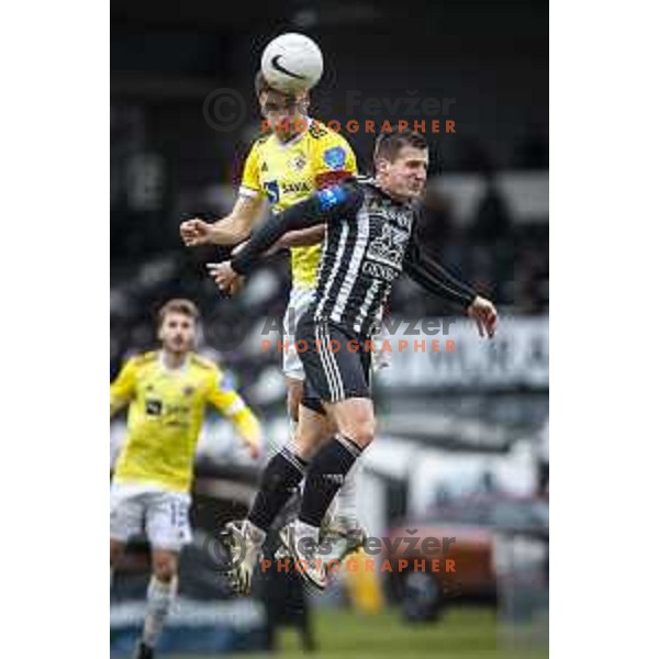 Blaz Vrhovec and Klemen Sturm in action during Prva liga Telekom Slovenije football match between Mura and Maribor in Fazanerija, Murska Sobota, Slovenia on March 14, 2021