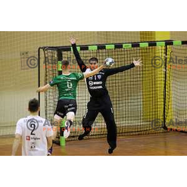 Tadej Mazej and Nebojsa Bojic during 1.NLB league match between Riko Ribnica and Celje Pivovarna Lasko in Ribnica on on March 20, 2021