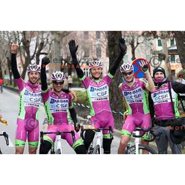 Mirco Maestri (second from left), winner of Grand Prix of Slovenian Istria - UCI cycling race in Izola on March 21, 2021