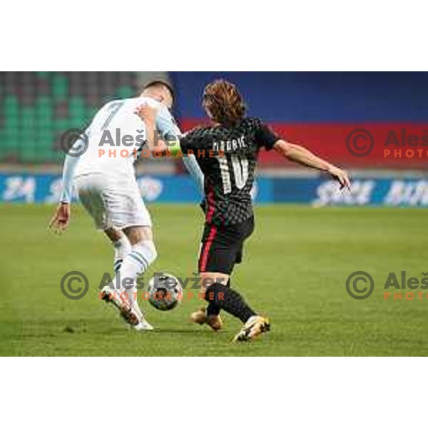 Josip Ilicic and Luka Modric in action during FIFA World Cup Qualifying round match between Slovenia and Croatia in Ljubljana, Slovenia on March 24, 2021