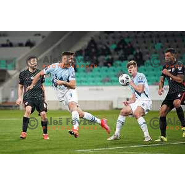 Andraz Sporar, Jaka Bijol and Dejan Lovren in action during FIFA World Cup Qualifying round match between Slovenia and Croatia in Ljubljana, Slovenia on March 24, 2021