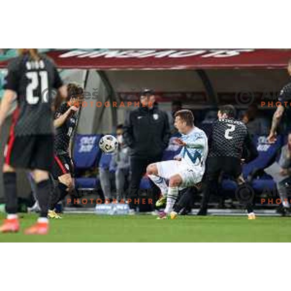 Luka Modric, Damjan Bohar and Sime Vrsaljko in action during FIFA World Cup Qualifying round match between Slovenia and Croatia in Ljubljana, Slovenia on March 24, 2021
