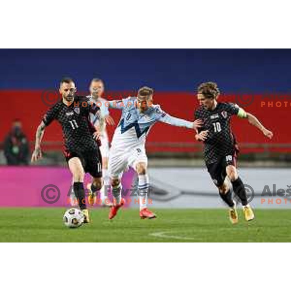 Marcelo Brozovic, Sandi Lovric and Luka Modric in action during FIFA World Cup Qualifying round match between Slovenia and Croatia in Ljubljana, Slovenia on March 24, 2021
