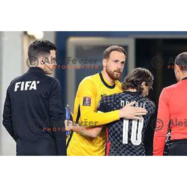 Jan Oblak and Luka Modric during FIFA World Cup Qualifying round match between Slovenia and Croatia in Ljubljana, Slovenia on March 24, 2021
