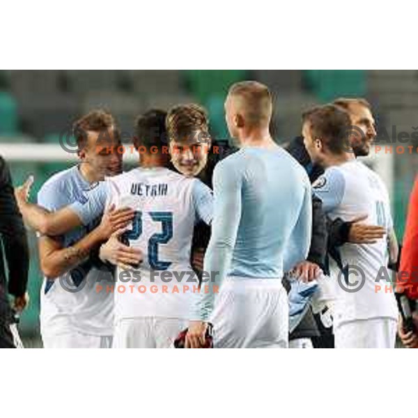 Amadej Vetrih, Jaka Bijol celebrate victory at FIFA World Cup 2022 Qualifying round match between Slovenia and Croatia in Ljubljana, Slovenia on March 24, 2021