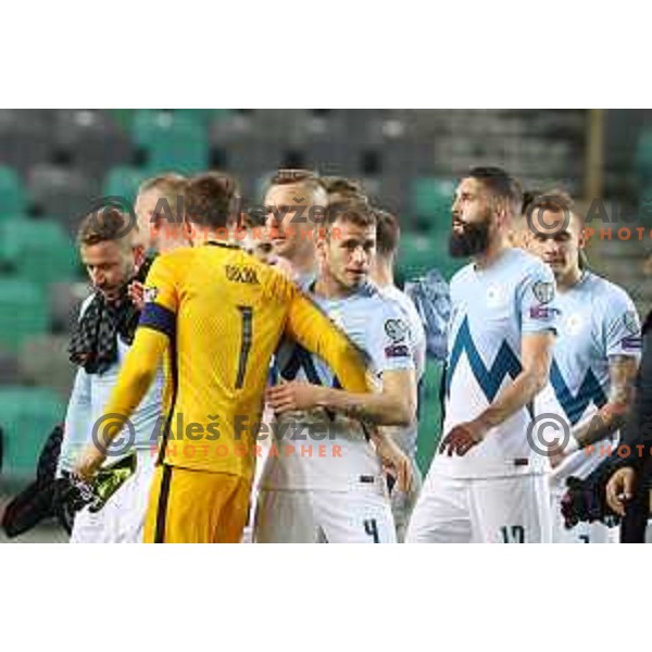 Nejc Skubic, Jan Oblak, Jasmin Kurtic, Miha Blazic and Miha Mevlja celebrate victory at FIFA World Cup Qualifying round match between Slovenia and Croatia in Ljubljana, Slovenia on March 24, 2021