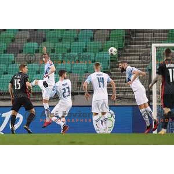 Miha Blazic and Miha Mevlja in action during FIFA World Cup Qualifying round match between Slovenia and Croatia in Ljubljana, Slovenia on March 24, 2021