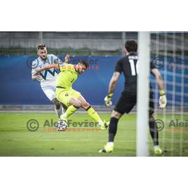Zan Medved vs Matej Chalus in action during U21 UEFA European Championship 2021 football match between Slovenia and Czech Republic in Arena Z’dezele, Celje, Slovenia on March 27, 2021