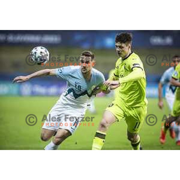 Timi Max Elsnik vs Ladislav Krejci in action during U21 UEFA European Championship 2021 football match between Slovenia and Czech Republic in Arena Z’dezele, Celje, Slovenia on March 27, 2021