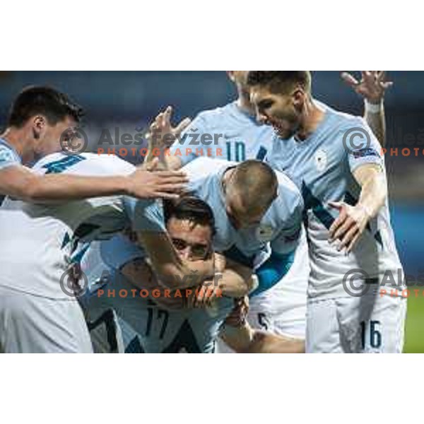 Aljosa Matko, Adam Gnezda Cerin celebrating during U21 UEFA European Championship 2021 football match between Slovenia and Czech Republic in Arena Z’dezele, Celje, Slovenia on March 27, 2021