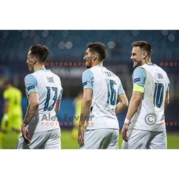 Andraz Zinic, Adam Gnezda Cerin and Timi Max Elsnik celebrating during U21 UEFA European Championship 2021 football match between Slovenia and Czech Republic in Arena Z’dezele, Celje, Slovenia on March 27, 2021