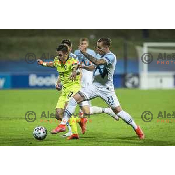 Ondrej Lingr vs Zan Kolmanic in action during U21 UEFA European Championship 2021 football match between Slovenia and Czech Republic in Arena Z’dezele, Celje, Slovenia on March 27, 2021