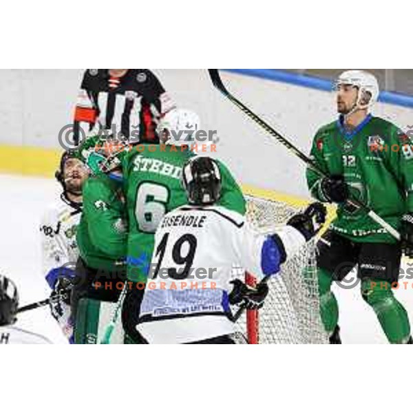 Paavo Holsa, Miha Stebih In action during Alps league ice-hockey match between SZ Olimpija and Vipiteno Broncos in Ljubljana, Slovenia on March 27, 2021