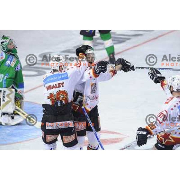 Jesenice Players celebrate goal at Ice Hockey match ZM Olimpija - Acroni Jesence - Third game of the final of the Slovenian championship ,played in Hala Tivoli Ljubljana 08.04.2008, Jesenice won 2:1 
