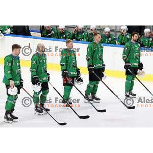 Anze Ropret, Aleksandar Magovec, Ales Music, Miha Stebih and Ziga Pance during Alps league ice-hockey match between SZ Olimpija and Vipiteno Broncos in Ljubljana, Slovenia on March 27, 2021
