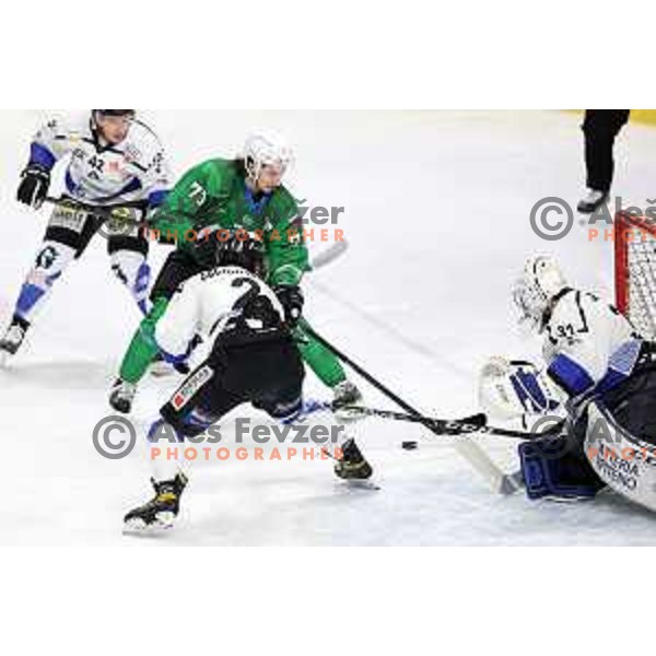 Nejc Brus in action during Alps league ice-hockey match between SZ Olimpija and Vipiteno Broncos in Ljubljana, Slovenia on March 27, 2021