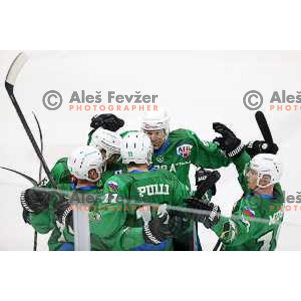 Anze Ropret, Ales Music during Alps league ice-hockey match between SZ Olimpija and Vipiteno Broncos in Ljubljana, Slovenia on March 27, 2021