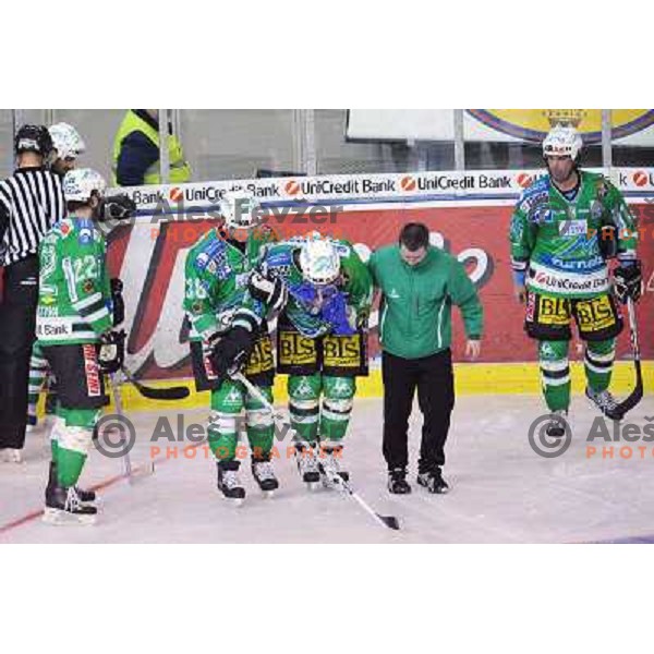 Injured Tavzelj at Ice Hockey match ZM Olimpija - Acroni Jesence - Third game of the final of the Slovenian championship ,played in Hala Tivoli Ljubljana 08.04.2008, Jesenice won 2:1 