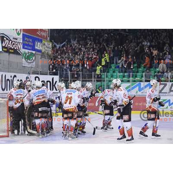 Jesenice players and fans celebrate victory at Ice Hockey match ZM Olimpija - Acroni Jesence - Third game of the final of the Slovenian championship ,played in Hala Tivoli Ljubljana 08.04.2008, Jesenice won 2:1 