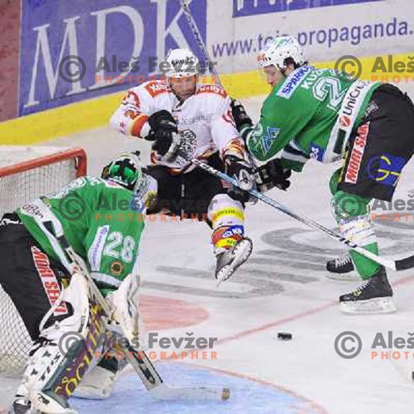 Terlikar , Kuznik, Mohoric at Ice Hockey match ZM Olimpija - Acroni Jesence - Fourth game of the final of the Slovenian championship ,played in Hala Tivoli Ljubljana 09.04.2008, Jesenice won 2:1 and won the series with 4:0 