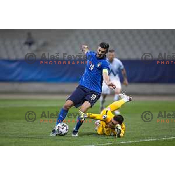 Patrick Cutrone and Igor Vekic in action at European Under- 21 Championship 2021 football match between Slovenia and Italy in Maribor, Slovenia on March 30, 2021