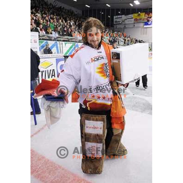 Robert Kristan celebrate winning the slovenian championship at Ice Hockey match ZM Olimpija - Acroni Jesence - Fourth game of the final of the Slovenian championship ,played in Hala Tivoli Ljubljana 09.04.2008, Jesenice won 2:1 and won the series with 4: