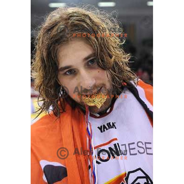 Robert Kristan celebrate winning the slovenian championship at Ice Hockey match ZM Olimpija - Acroni Jesence - Fourth game of the final of the Slovenian championship ,played in Hala Tivoli Ljubljana 09.04.2008, Jesenice won 2:1 and won the series with 4: