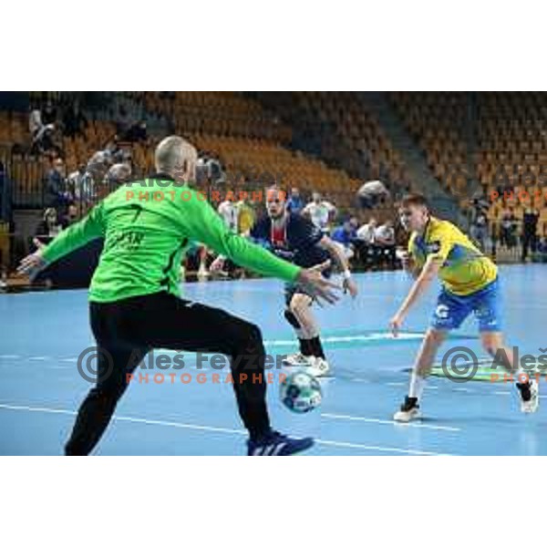 Domen Novak of Celje Pivovarna Lasko in action during eight-final of EHF Champions league between Celje PL and Paris Saint Germain in Zlatorog Hall, Celje, Slovenia on April 1, 2021
