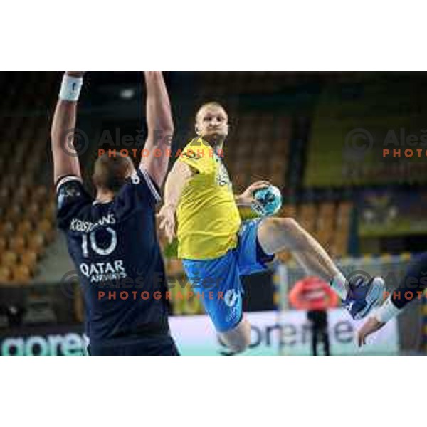 Ziga Mlakar of Celje Pivovarna Lasko in action during eight-final of EHF Champions league between Celje PL and Paris Saint Germain in Zlatorog Hall, Celje, Slovenia on April 1, 2021