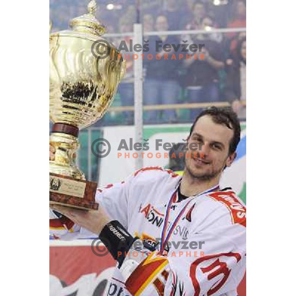 Jurij Golicic celebrate winning the slovenian championship at Ice Hockey match ZM Olimpija - Acroni Jesence - Fourth game of the final of the Slovenian championship ,played in Hala Tivoli Ljubljana 09.04.2008, Jesenice won 2:1 and won the series with 4:0