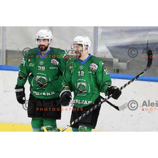 Ziga Pesut and Nik Simsic action during first match of the semi-final of Alps league between SZ Olimpija and Lustenau in Ljubljana, Slovenia on April 8, 2021
